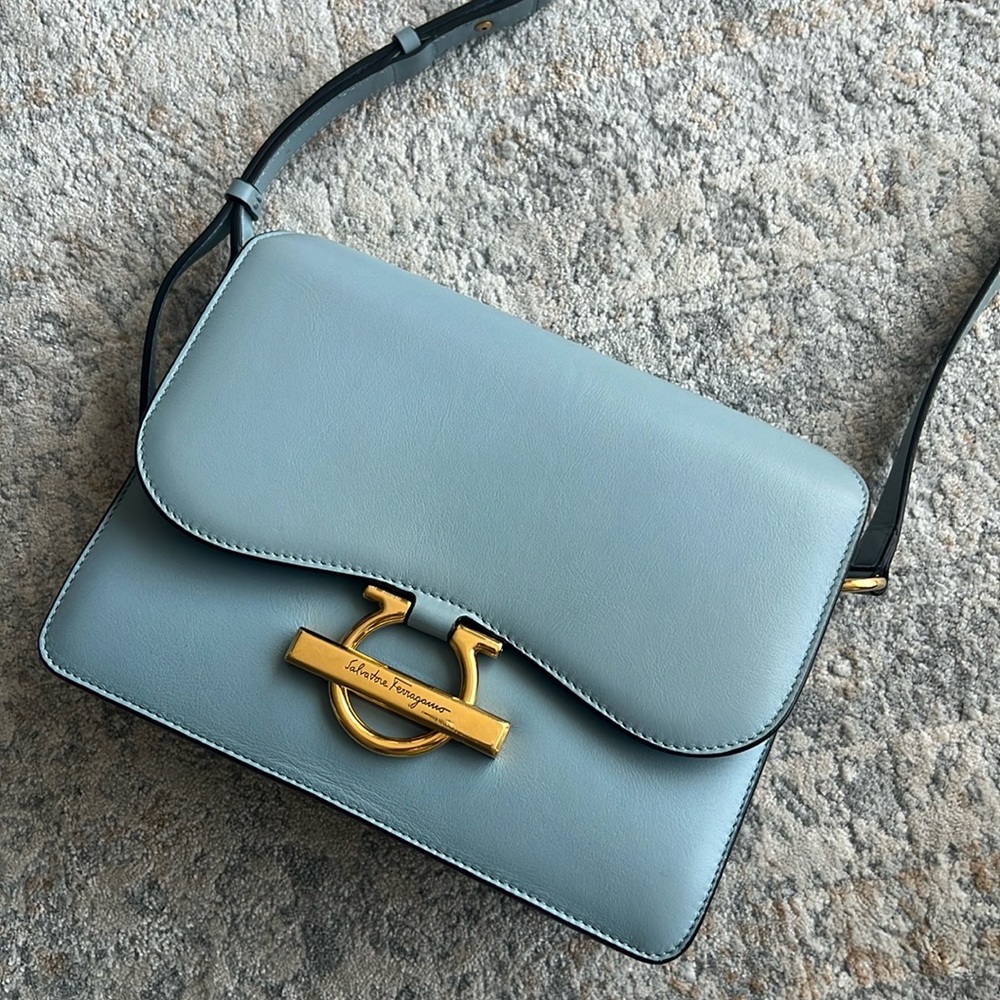 Salvatore Ferragamo Joanne Light Blue Leather Crossbody with Gold Hardware